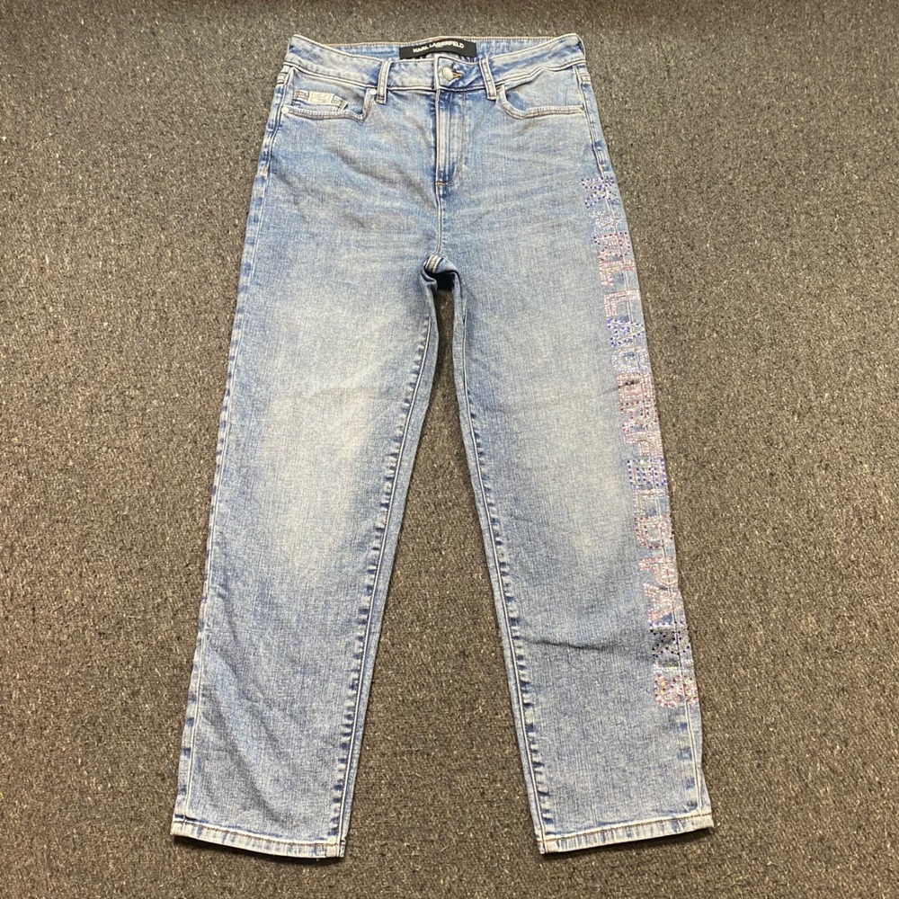 Karl Lagerfeld Paris Jeans Sz 6 Womens‎ Blue Rhinestone Logo Straight Leg Denim